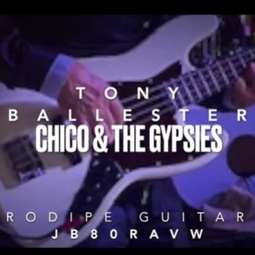 The JB80RA Vintage White bass guitar on stage with the Chico & the Gypsies